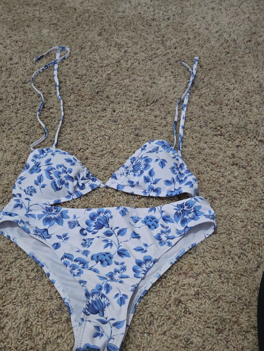 White Bikini with Blue Floral Print - Women's Two-Piece Swim Set